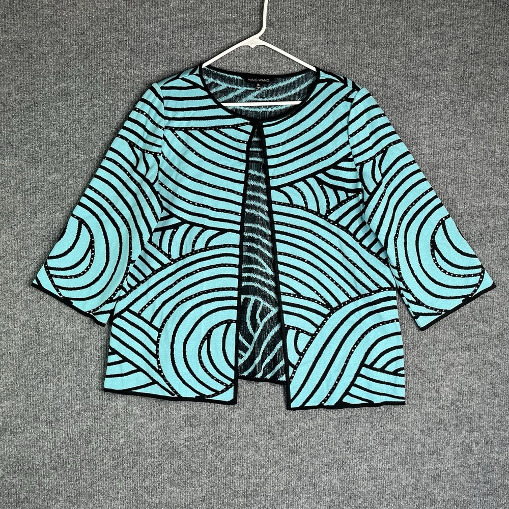 Ming Wang Cardigan Sweater XL Rhinestone Stud Padded Shoulder Blue Open Front